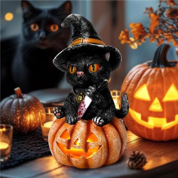 Halloween Decorations Indoor Halloween Decor Resin 7.3” Tall Black Cat on - Picture 6 of 8